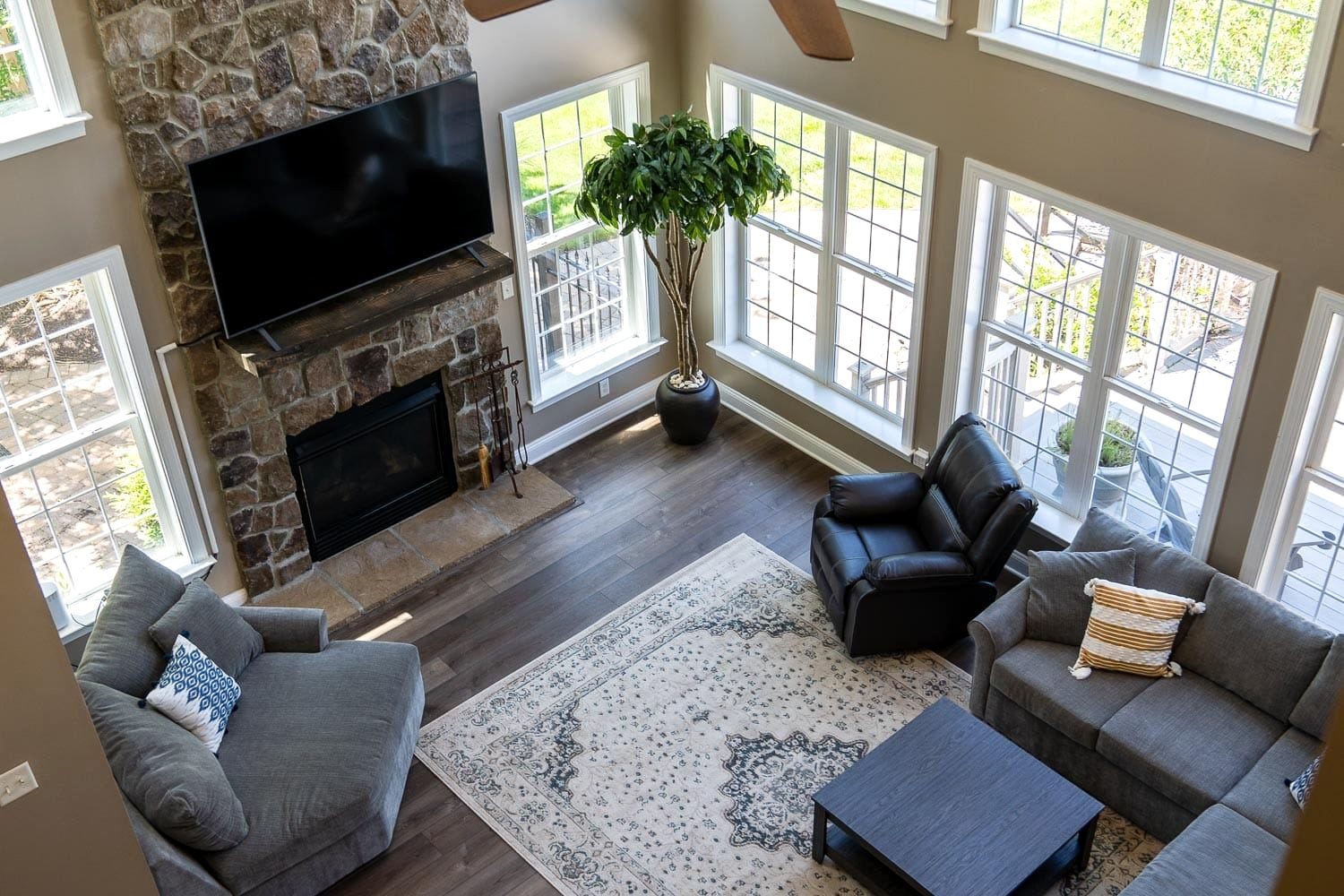 The living room at the Pasadena house, from above