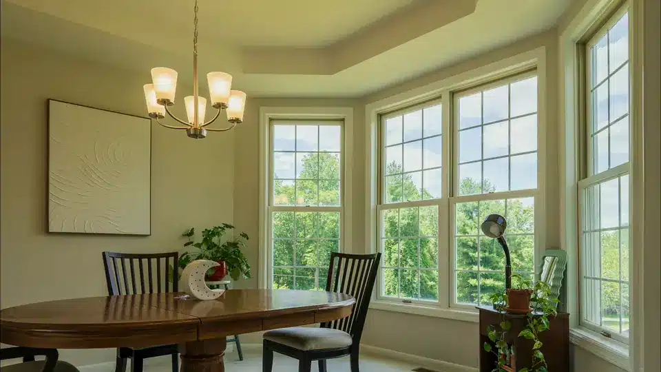 The dining bay at the Ellicott City house, sunlit through its windows